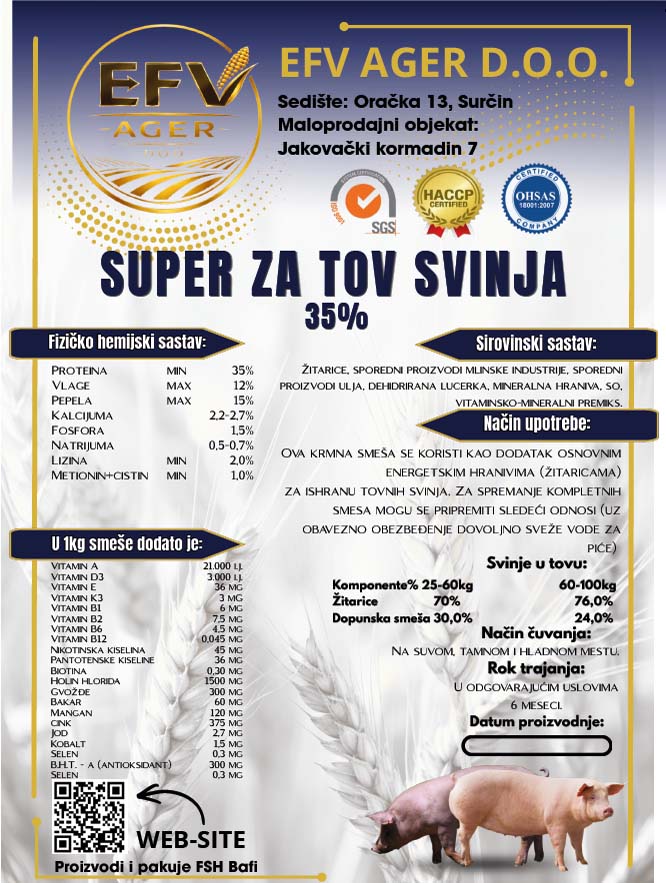 Hrana za svinje tovljenike - EFV AGER Surčin