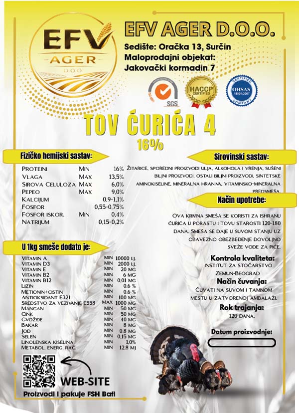 Hrana za tov ćurića - EFV AGER Surčin